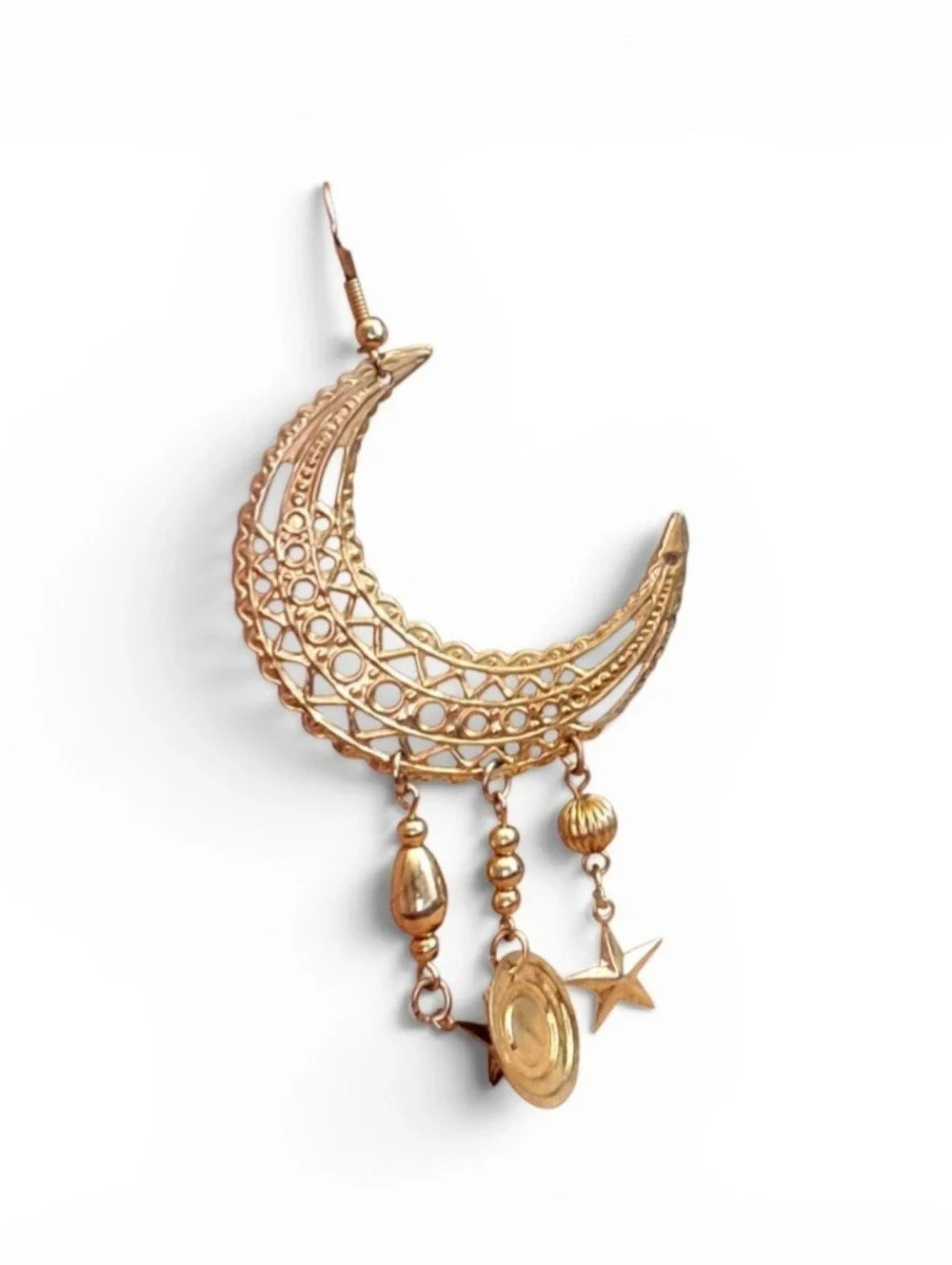 BoHo Gold-Tone Crescent Moon Dangle Earring with Star and Bead Charms